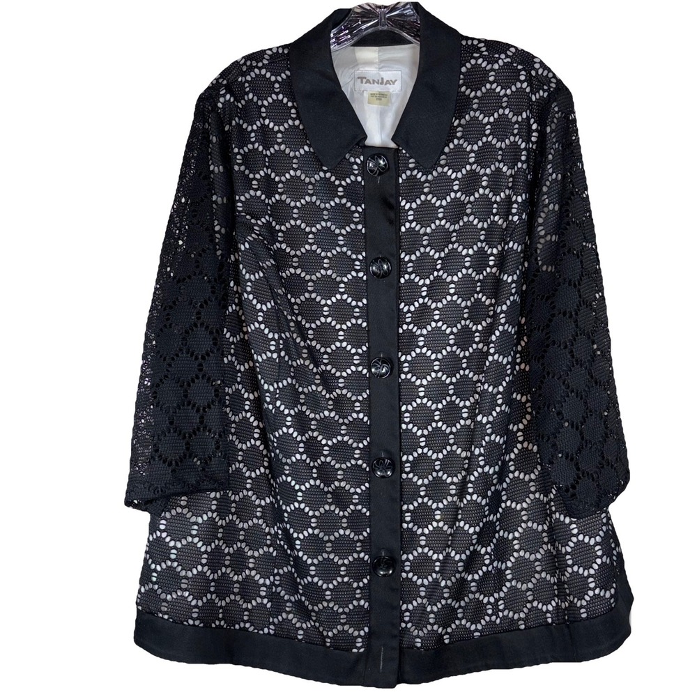 Tanjay Women's Black Button-Up Blazer Style Top – White Lined, Collared, Size 20
